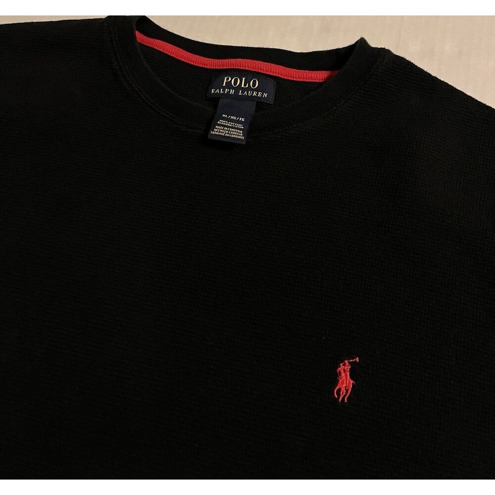 Polo Ralph Lauren Waffle Thermal Long Sleeve Cotton Shirt Mens XL Black Red Pony